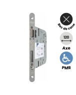serrure a encastrer porte pmr axe 120 mm. bec de cane, sans verrouillage. pour porte intérieure, conforme normes handicap.