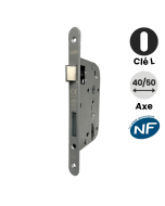 serrure à encastrer à trou de clé L grise de la marque Abus. Axe 40 et 50 mm. Conforme aux normes NFQC. 