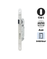 serrure à mortaiser abus clé L à l'ancienne. blanche. Pêne réversible. Pour porte intérieur. Normes eu.